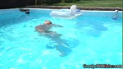 play Blonde babe gets outdoor gaping treatment by lucky senior in bikini at the pool